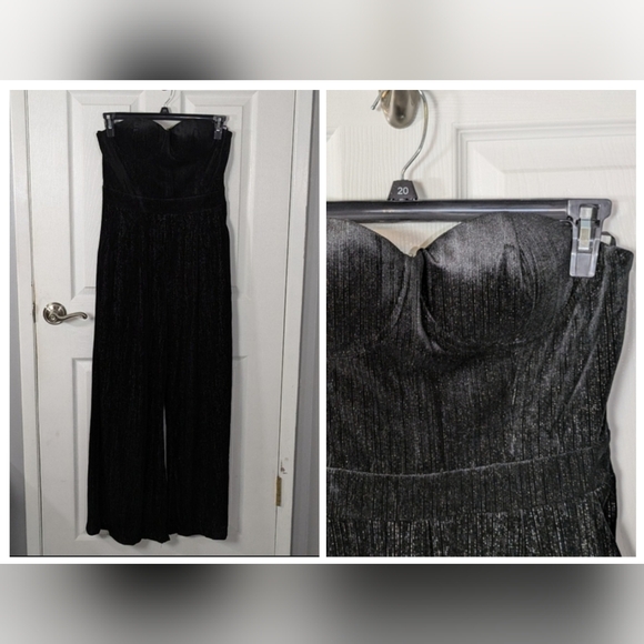 Mainstrip Metallic Velvet Black Strapless Corset Style Wide Leg‎ Jumpsuit Size L - Picture 1 of 11